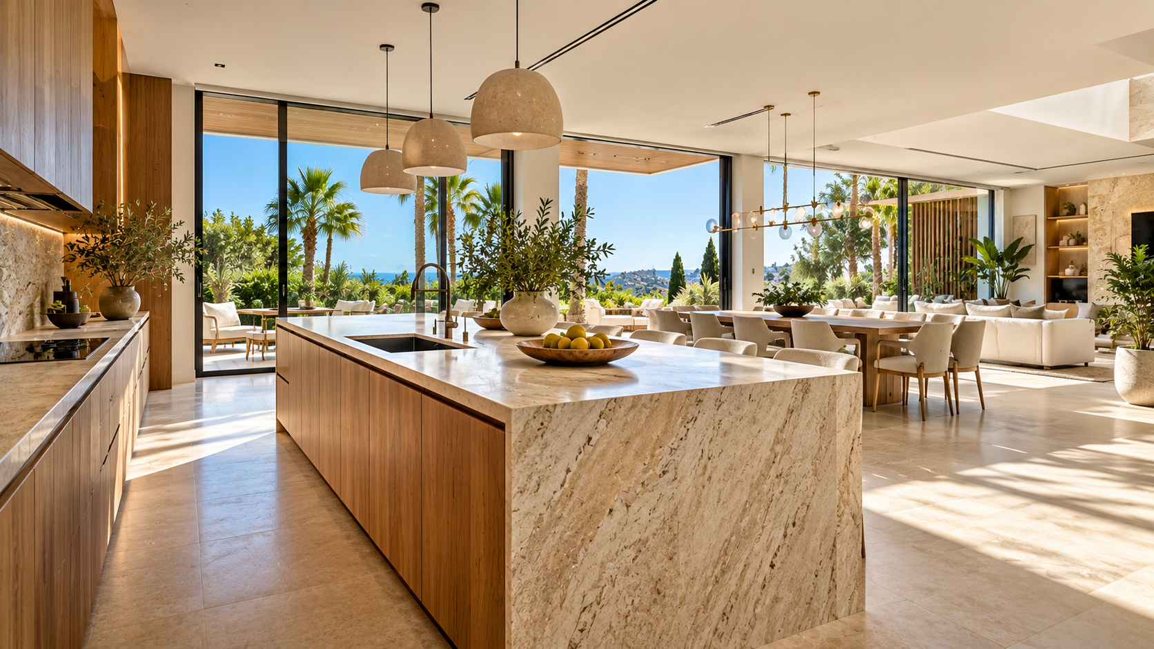 Cocina abierta de diseño contemporáneo con isla de mármol y luz natural