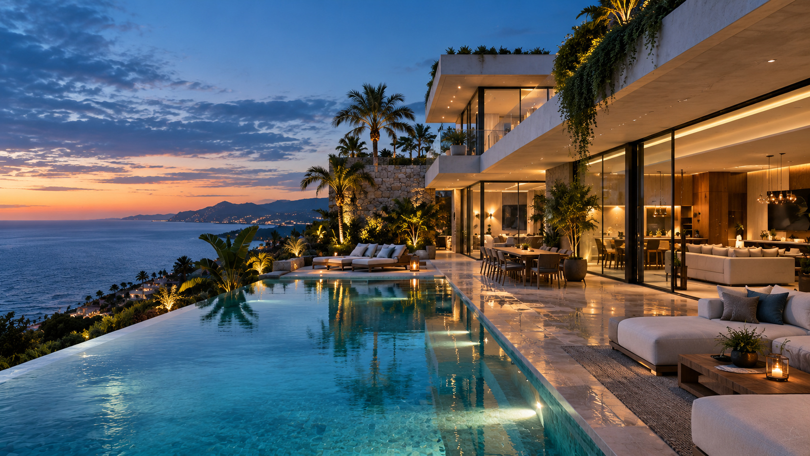 Villa de lujo con piscina infinita frente al mar en Andalucía al atardecer