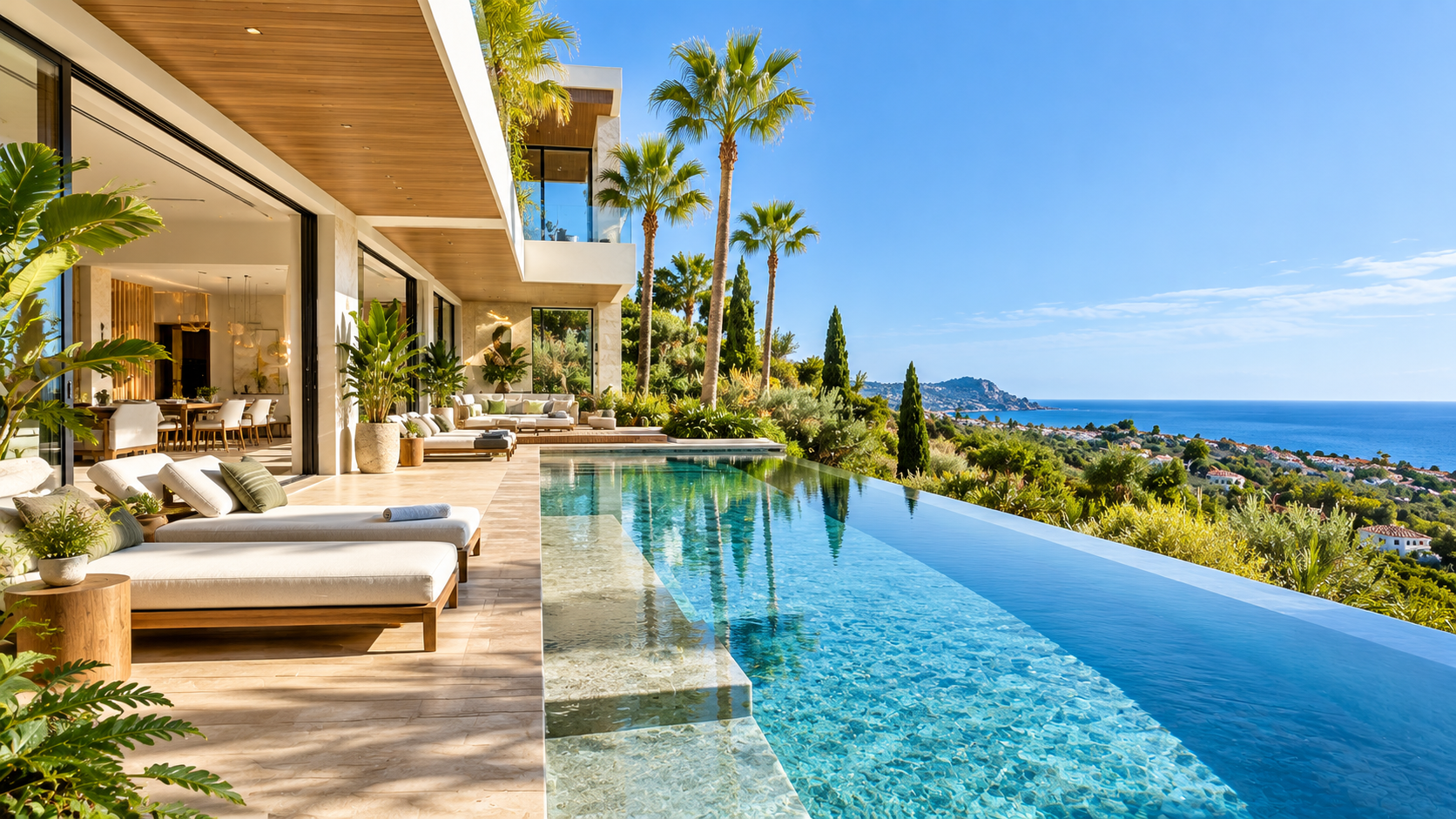 Piscina infinita con deck de madera frente a la costa andaluza
