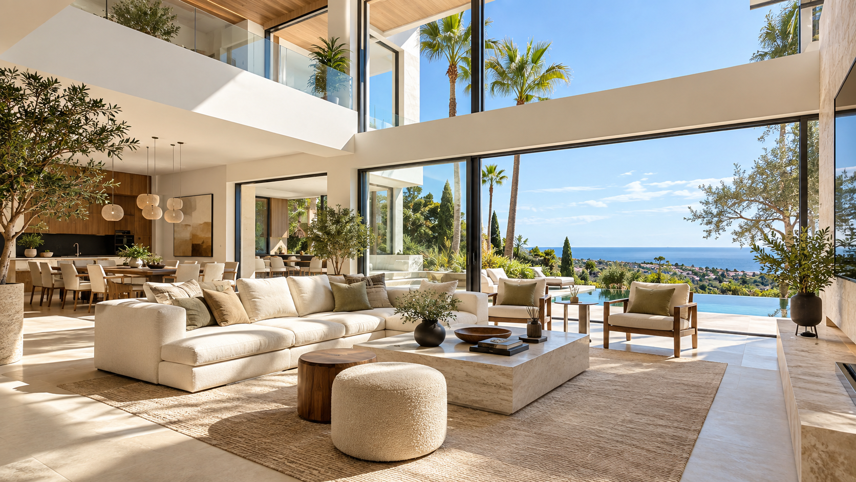 Salón de villa de lujo con sofás beige, chimenea de piedra y vistas panorámicas